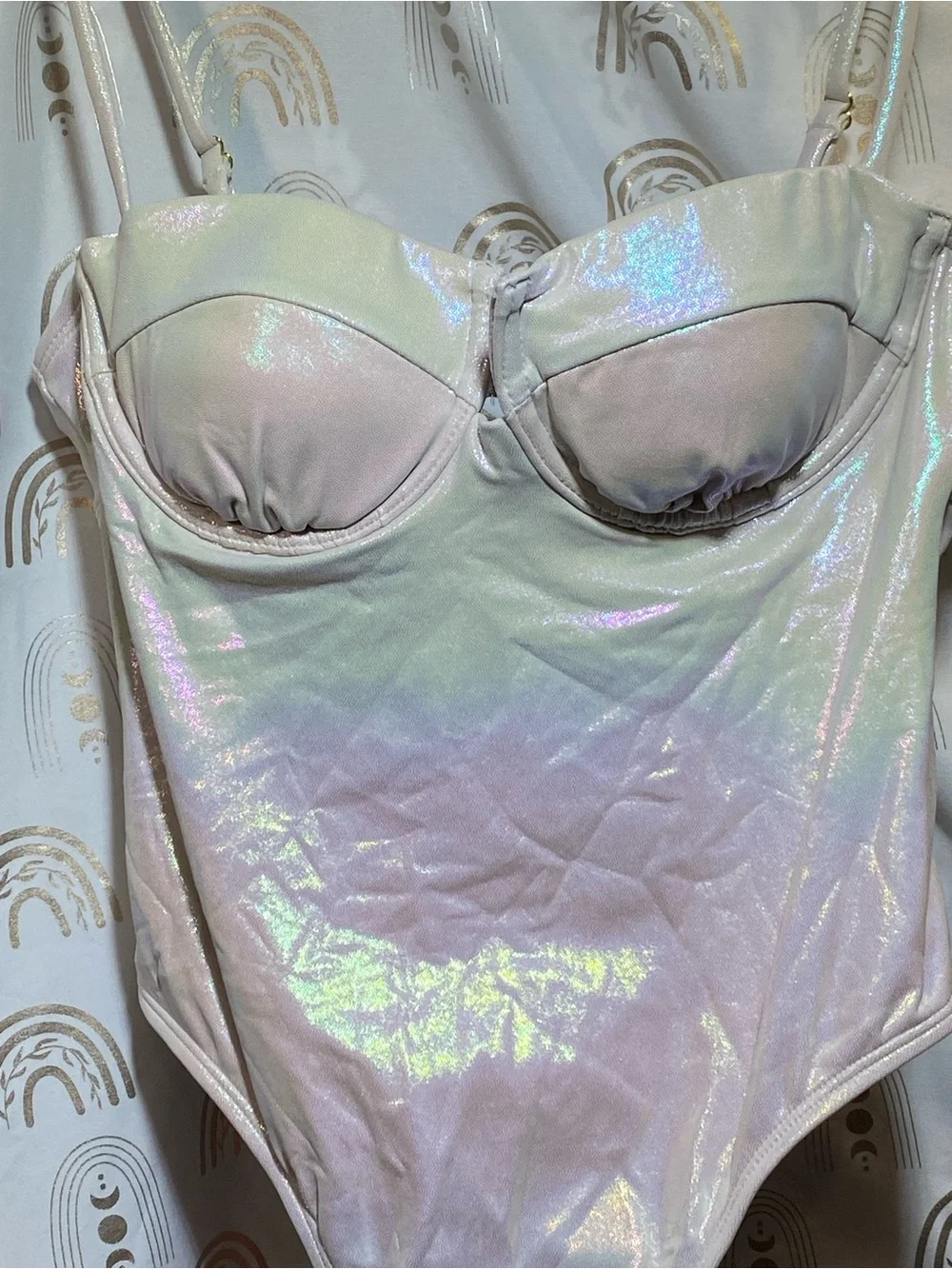 No Boundaries Iridescent Pastel One-Piece Bodysuit in Pearl Pink and Light Blue